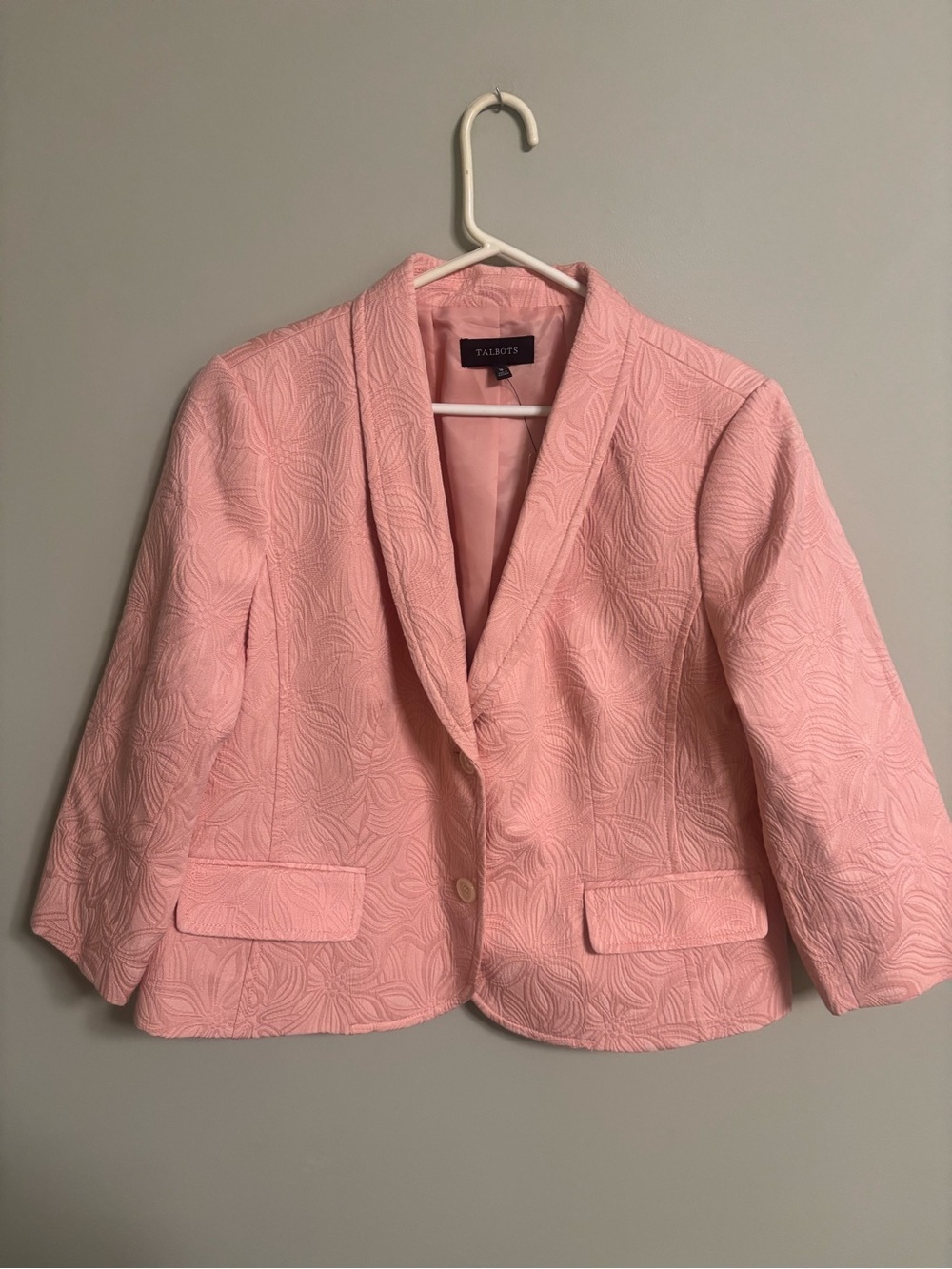 Talbots Womens Blazer Size 18 Pink Peach Floral Embossed Pattern 3/4 Sleeves New